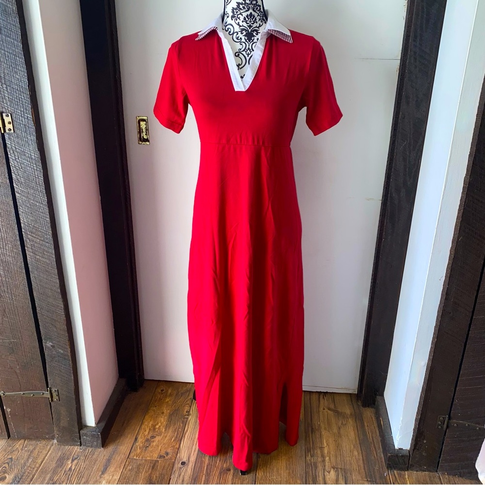 Denim & Company Size XXS Red Short Sleeve Maxi Polo Dress with Double Collar